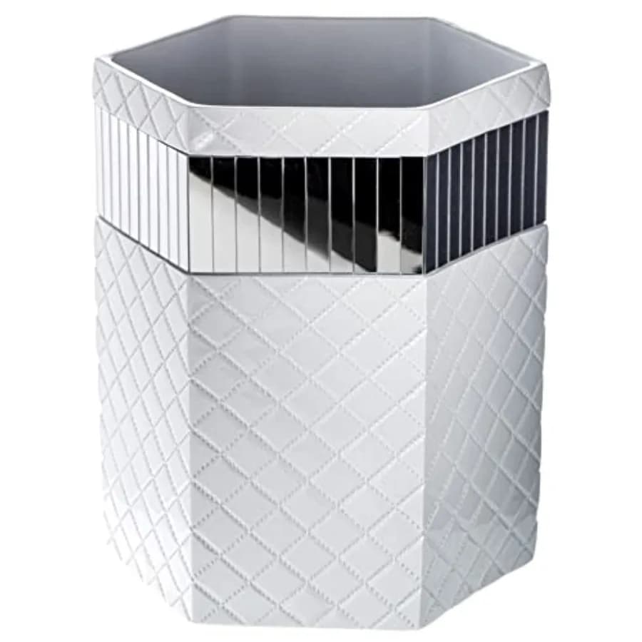 Cestino per Rifiuti Decorativo da Bagno Bianco a Specchio Trapuntato da 6L (1,58 Galloni) - Cestino a Specchio Salvaspazio per il Bagno