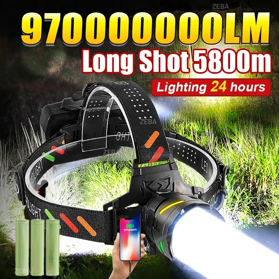 970000000LM Ultra Powerful LED Headlamp Super Bright Rechargeable Led Headlight Long Range 5800m Fishing Hunting Head Lantern