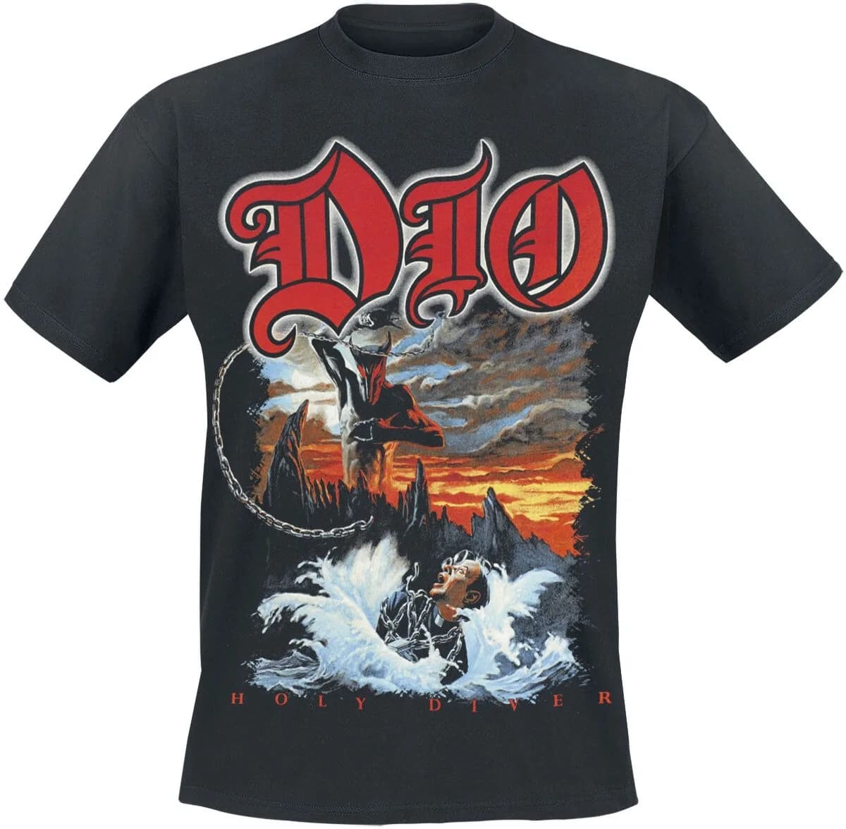 Maglietta dell'album Dio Holy Diver, T-shirt Heavy Metal con copertina classica e stampa sul retro con testi, Merchandising per fan di Dio
