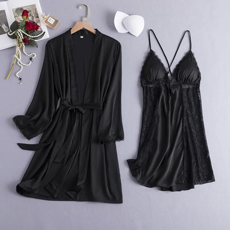 Female 2Pcs Robe Nightgown Set Women Lace Nightdress Sleepwear Gown Suit Summer Women Silky Satin Kimono Bathrobe Loungewear