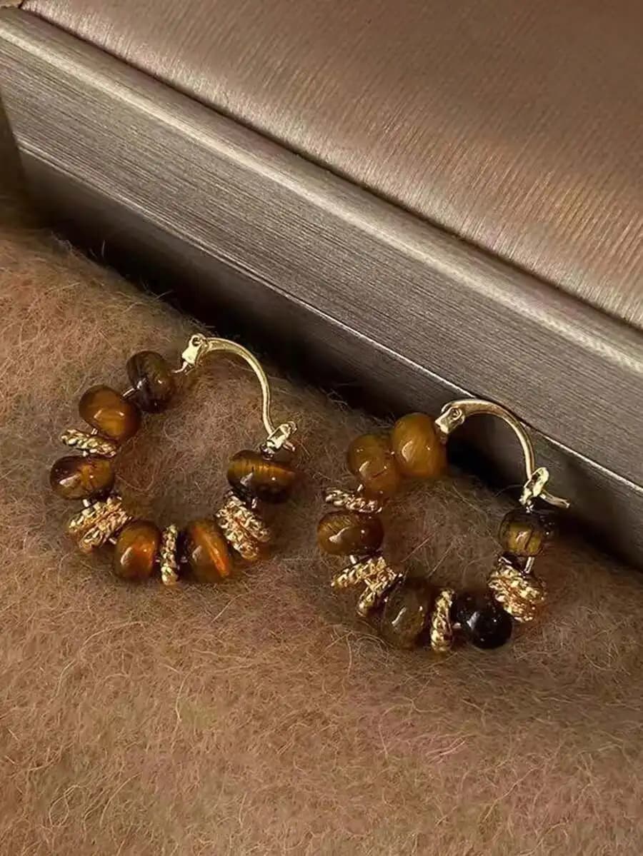 1 Pair Women's Bohemian Style Golden Beaded Tiger Eye Stone Earrings, Suitable For Daily Wear, Dates, Parties And Banquets