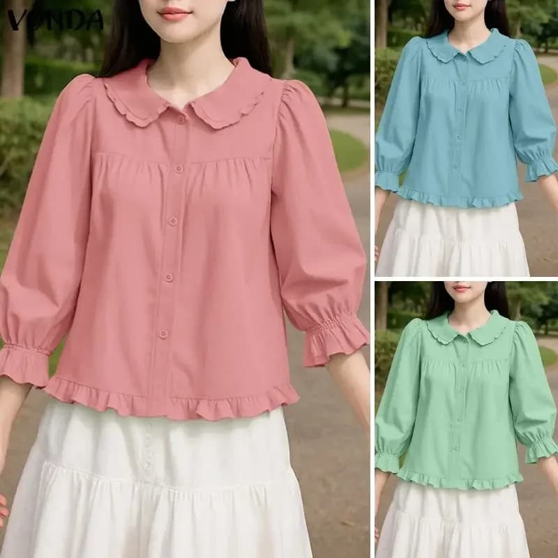 Camicie Estive VONDA 2026 per Donna, Moda con Maniche a 3/4, Blusa Tinta Unita Casual con Colletto Peter Pan e Bottoni, Tunica Streetwear