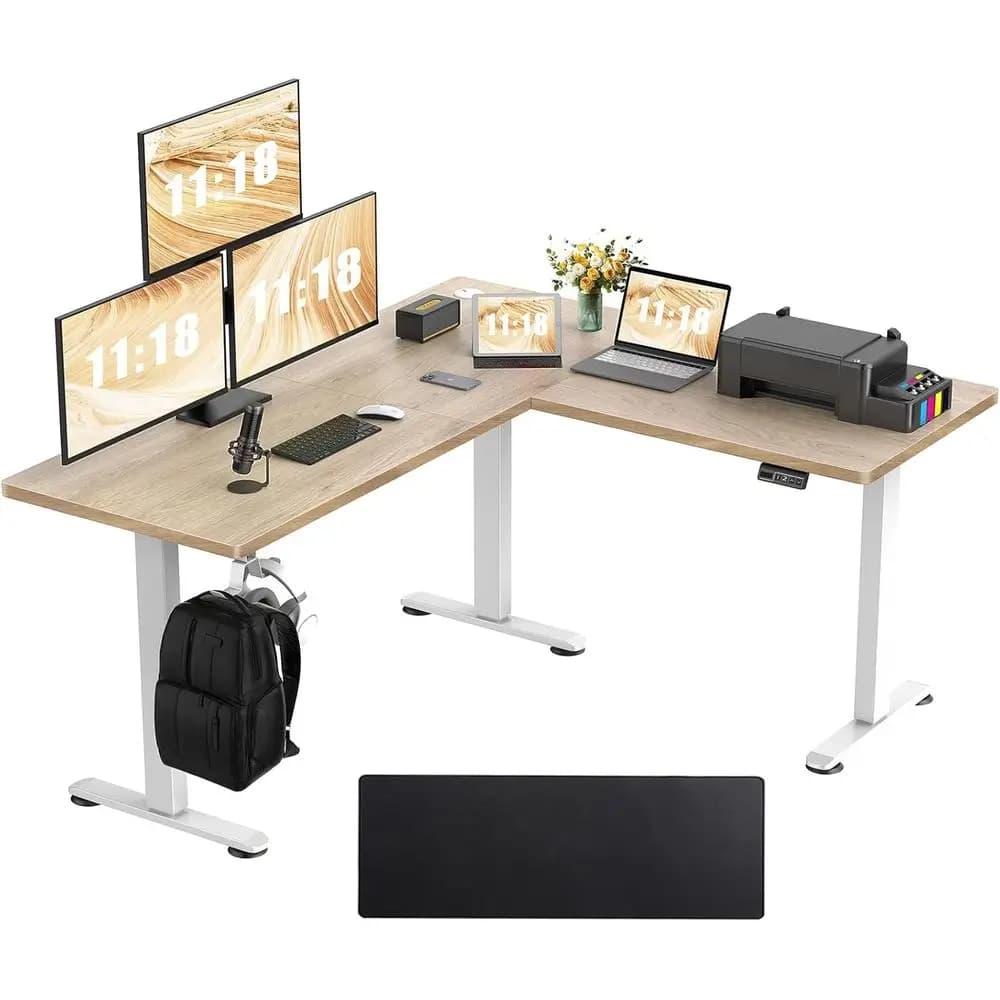 Scrivania a L Elettrica Regolabile in Altezza, 63x55 Pollici, con Tappetino Mouse 39x18 Pollici, Grigio Rovere, per Ufficio Domestico e Gaming
