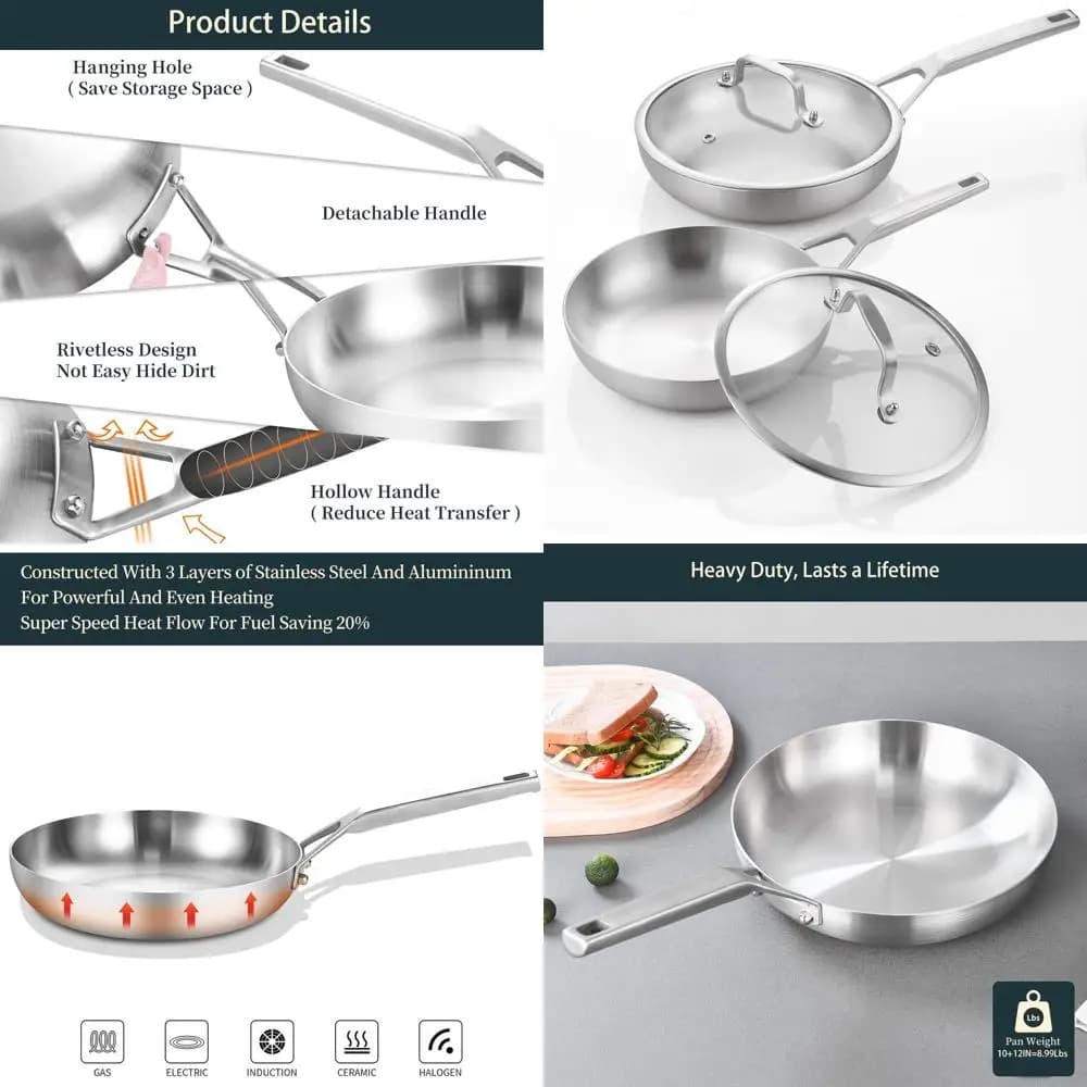 Set of 2 stainless steel pans, 25 cm and 30 cm with lids, suitable for oven, dishwasher safe, compatible with all stove tops, up to 230° C