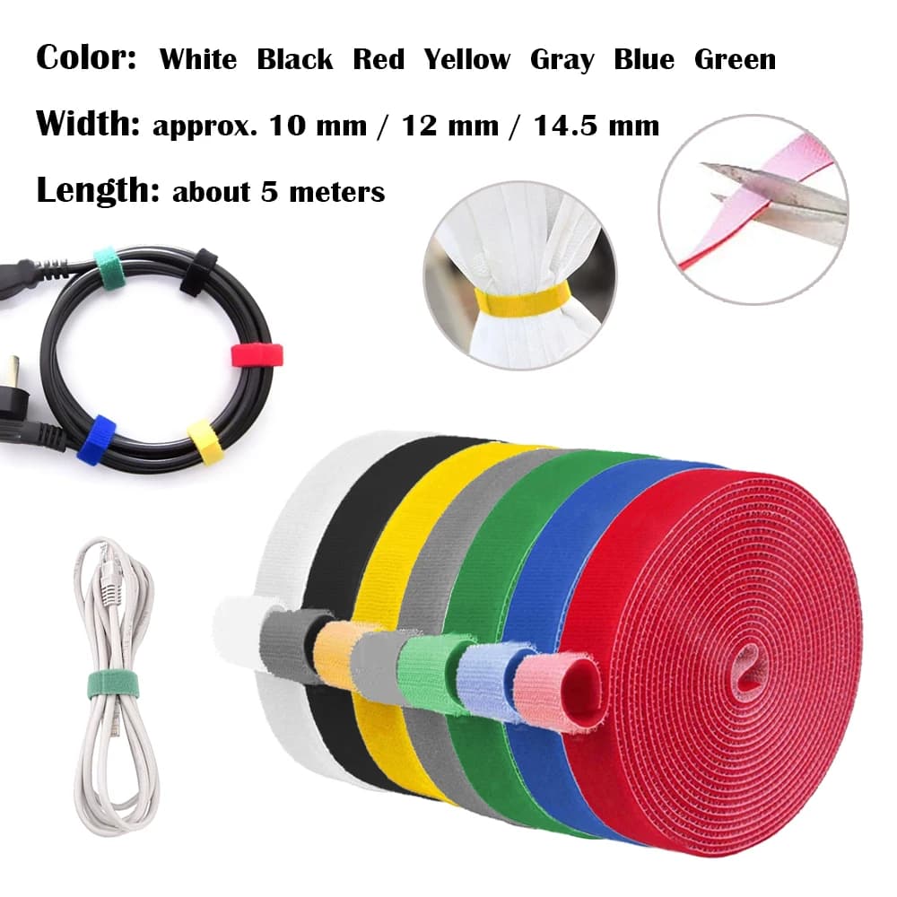 5M/Roll Reusable Self-Adhesive Cable Ties, Hook and Loop Wire Management Straps for Organizer, 10/12/14.5mm Width Choice