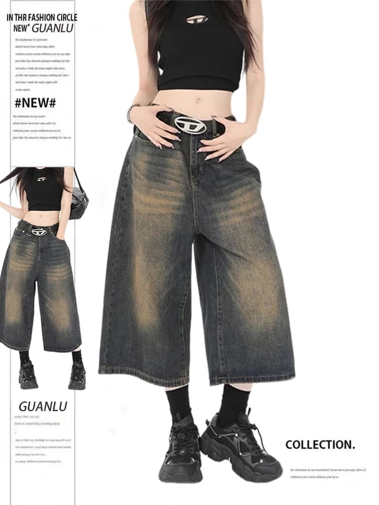 American Style Vintage Seven-Five Jeans Women's Summer High Waist Eight-Point Shorts Loose Wide Leg Over-Knee Mid-Pants