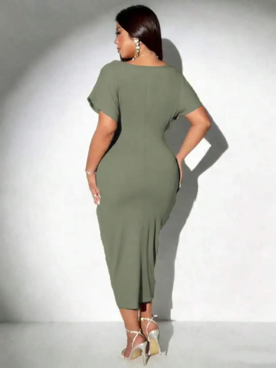 Viva Relle Plus Size Women's Solid Color Round Neck Batwing Short Sleeve Fitted Casual Knit Dress