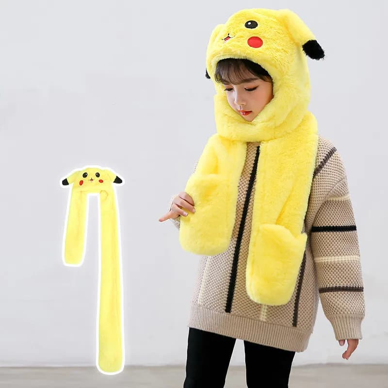 Cappello Cartoon Pikachu per Bambini e Bambine, Sciarpa, Berretto Imbottito, Accessorio per Fotografia, Cappello Invernale per Bambini