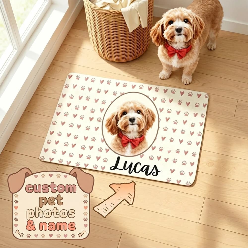 Custom Dog Photo & Name Feeding Mat,Pet Water Bowl Spill Mat,Kitchen Feeding Area Mat,Pet Birthday Present,Housewarming Gift