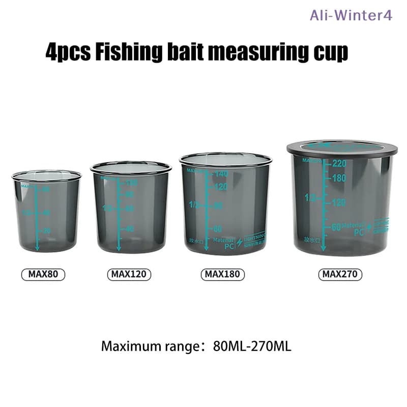 {DODOA} Set di 4 Misurini per Esche da Pesca 80-270ML, Alta Trasparenza, Plastica Rinforzata Antiurto, Portatile