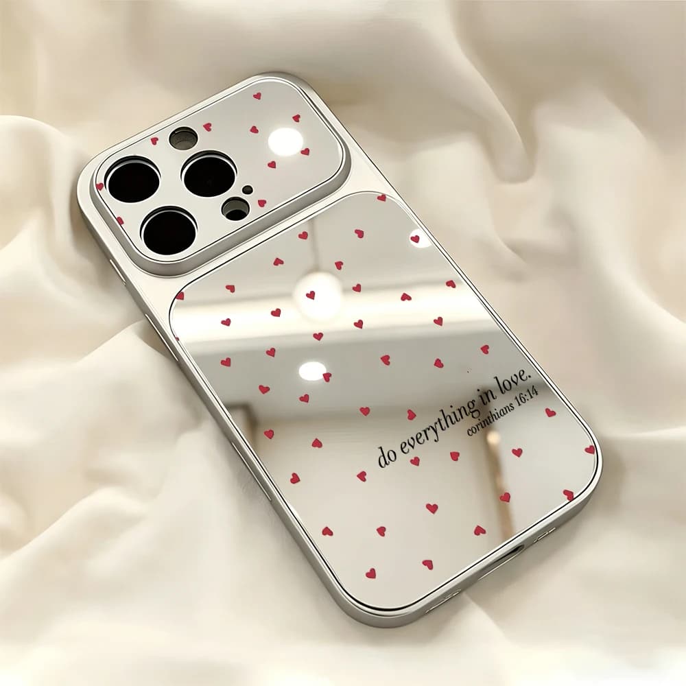 Romantic Tiny Red Heart Mirror Large Window Lens Protect Phone Case for IPhone 17 16 15 14 13 12 11 Pro Max Air 15 14 Plus Cover