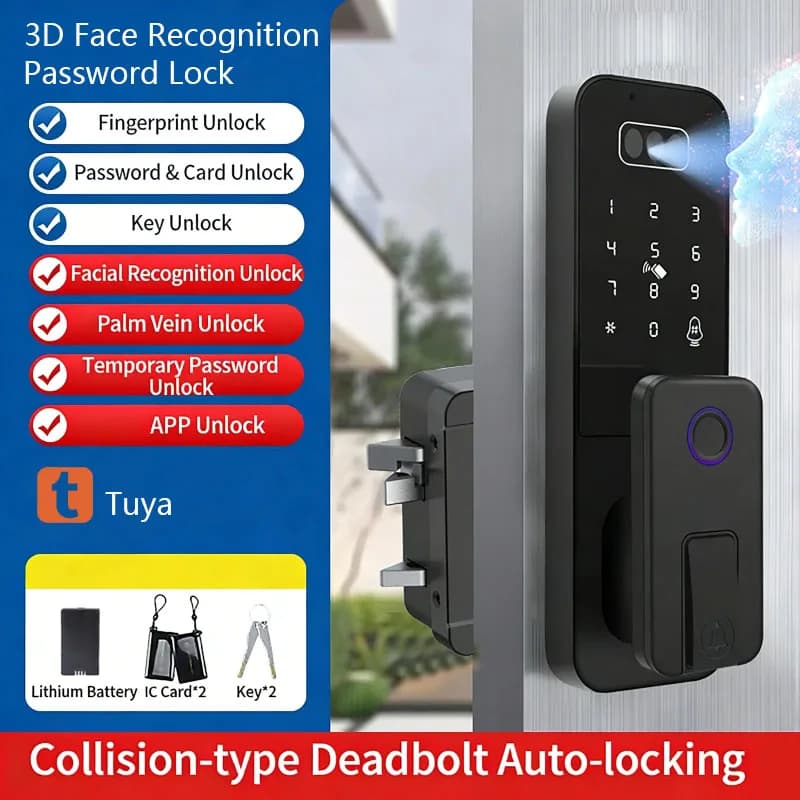 Serratura Elettronica Intelligente con Riconoscimento Facciale 3D/APP/Impronta Digitale/Password/Carta/Chiave per Cancelli in Ferro e Porte del Cortile