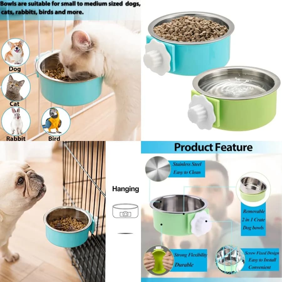 Set di 2 Ciotole per Cani da Gabbia, Ciotola Rimovibile in Acciaio Inox per Alimenti e Acqua, per Cuccioli e Cani di Taglia Media