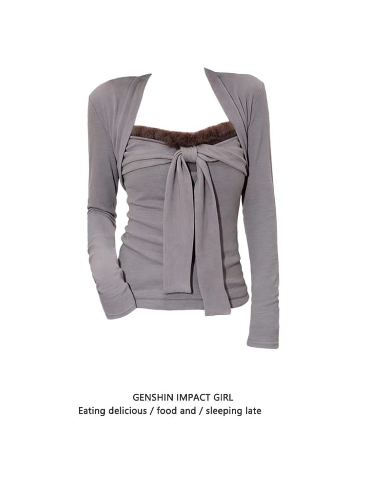 Grey Pure Desire Women's Slim Fit Long Sleeve Square Collar Blouse with Sash Spring Fashionable Versatile Base Shirt