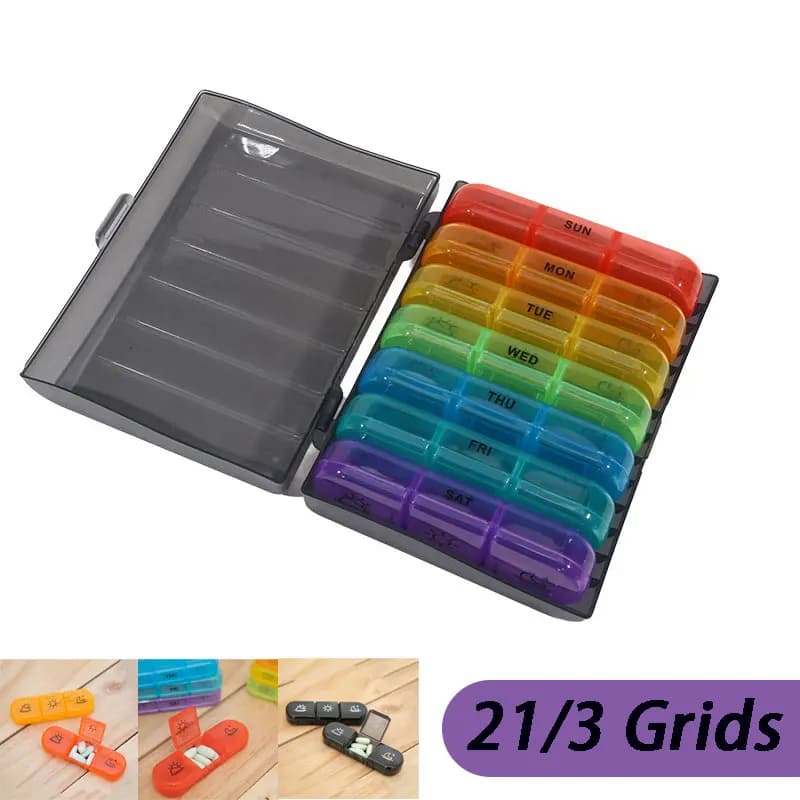 Weekly 21/3 Grids Pill Box Medicine Organizer Black Plastic Storage Box Container Portable Pill Case