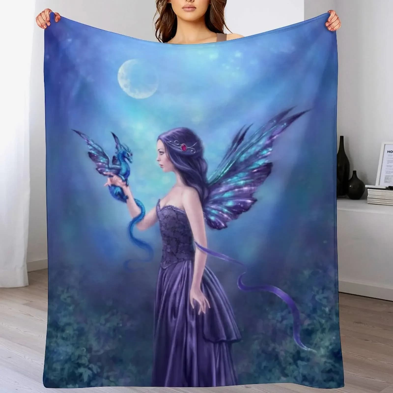 Shooting blanket with fairy and iridescent dragon, stuffed in flannel, covered for moving sleeping bag