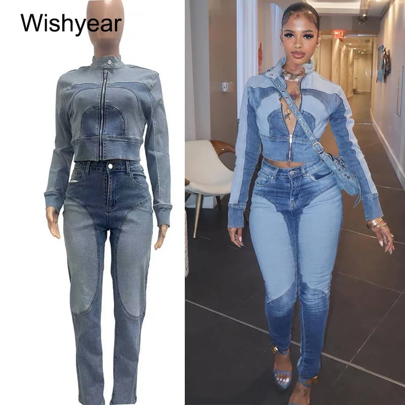 Vintage Denim Patchwork Jackets Coat and Pencil Pants Blue Jeans 2 Piece Sets Women Casual Streetwear Winter Fall Matching Suit
