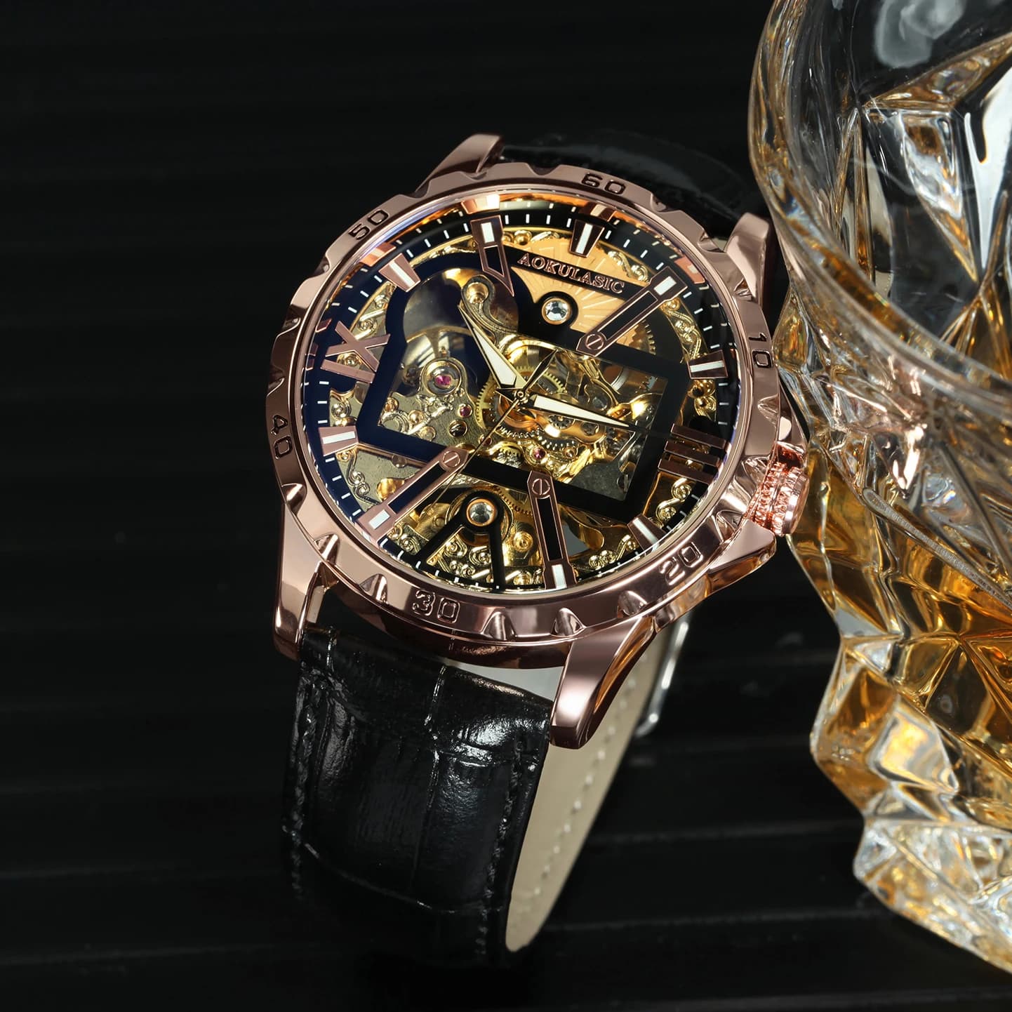 AOKULASIC Orologio Scheletrato di Lusso per Uomo, Lancette Luminose, Cinturino in Pelle e Acciaio, Orologio Meccanico Automatico Elegante e alla Moda, Idea Regalo