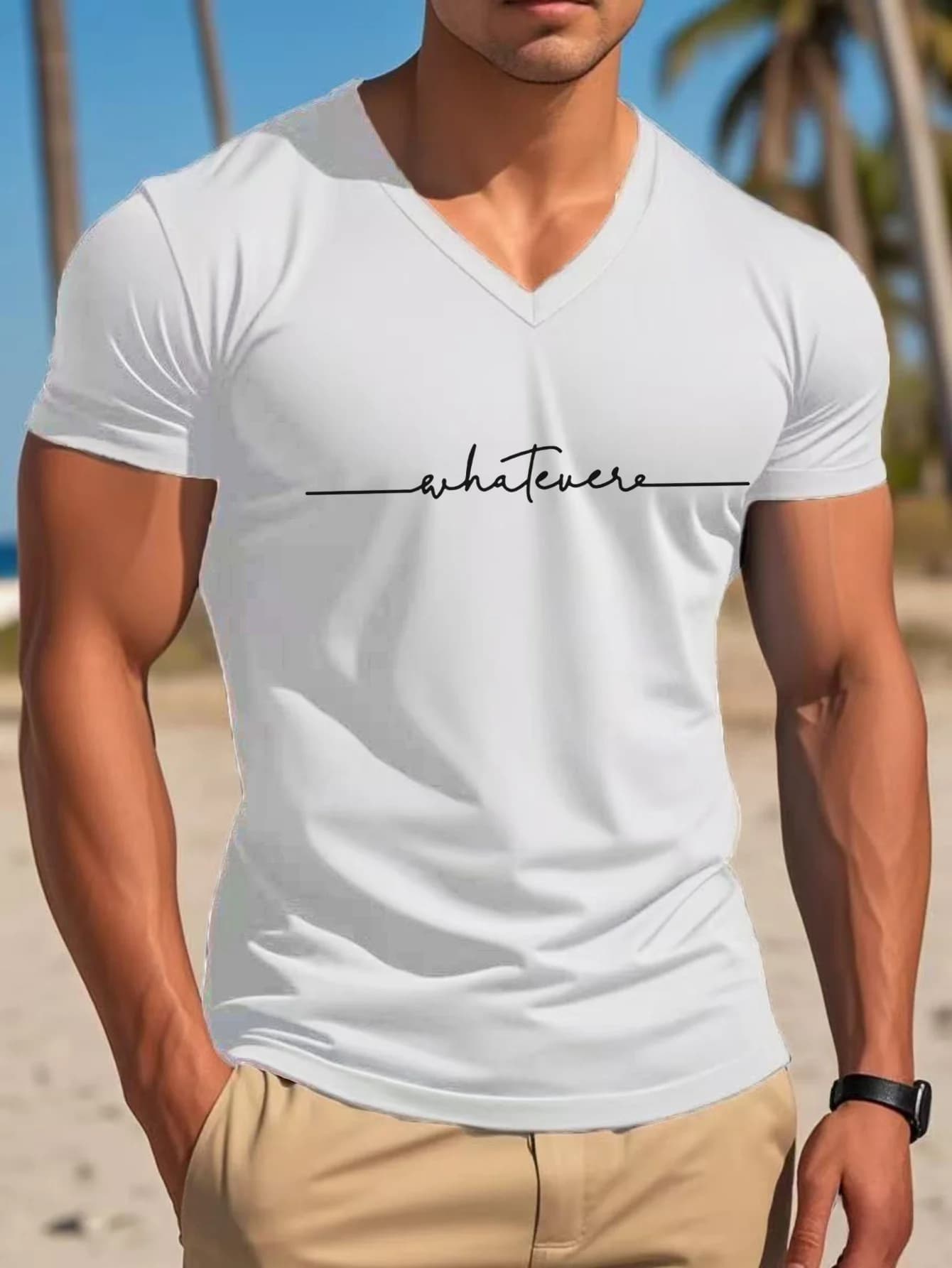 2026 Summer New Style Men's V-Neck T-Shirt Street Casual Fashion Comfortable Soft Breathable 3D Letter Pattern Print