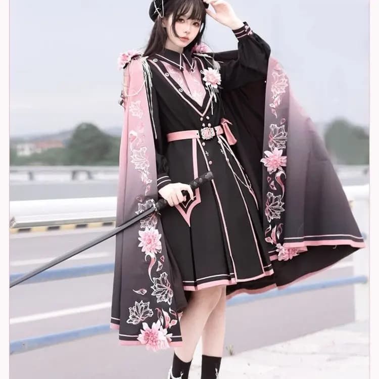 Autentico abito da ragazza marrone chiaro Ying Fanghua Lo Set Lolita con cappuccio e scollo a cuore rosa scuro