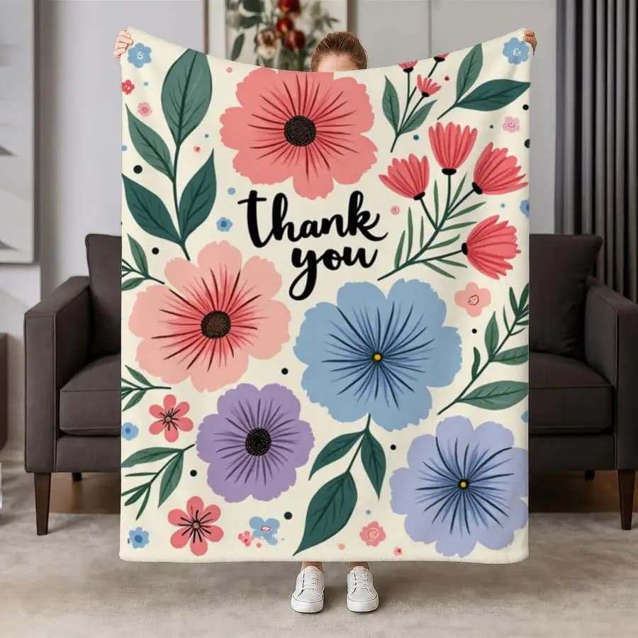 Cozy Pastel Floral Thank You Flannel Throw Blanket-Soft & Warm Fleece with Green Foliage, Ideal for Couch, Bed, Office & Travel, Perfect Heartfelt Gift for Friends & Family, Machine Washable Home Decor 2D Flat Weighted Blanket 280GS, 2D Flat