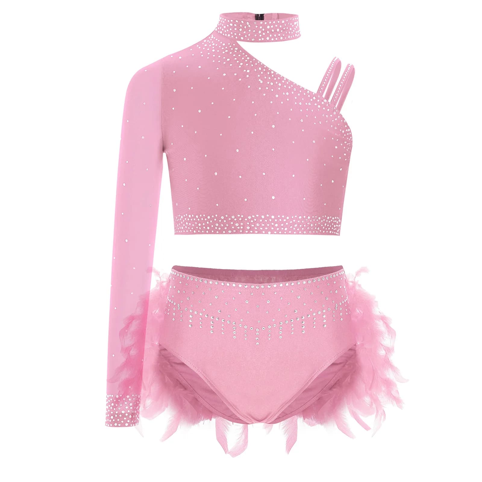 Bambini Ragazze Latino Cha-cha Tango Samba Rumba Set di Ballo Balletto Pattinaggio di Figura Performance Costume Strass Top + Slip di Piume