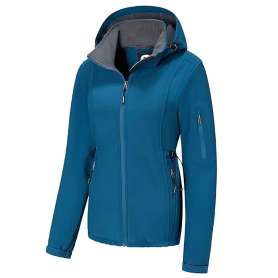 FARVALUE Women's Softshell Jacket Waterproof Lightweight Warm Windbreaker with Removable Hood Fleece Lined for Outdoor Hiking