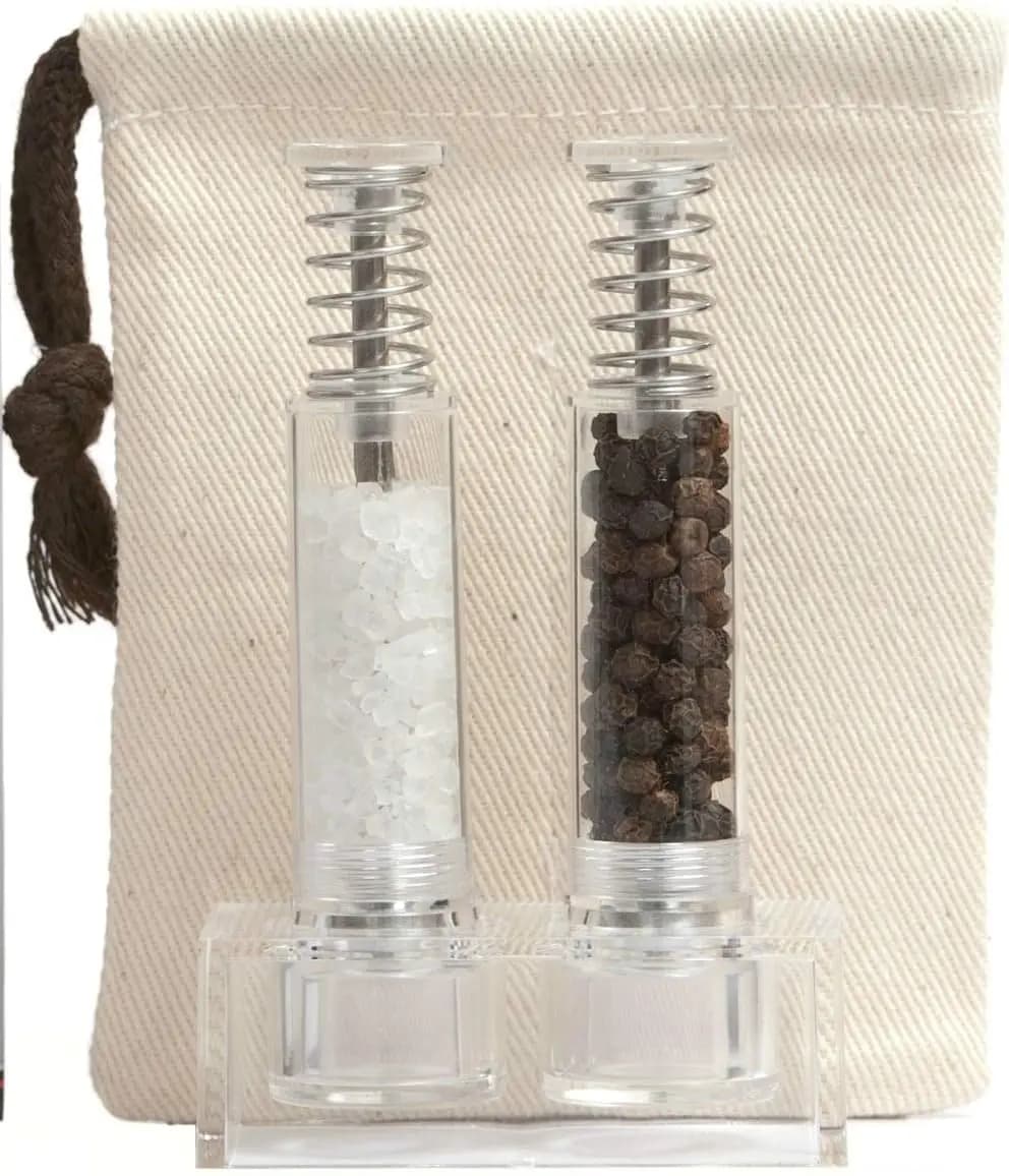 Set da viaggio per macinare sale e pepe, Original Pump & Grind Salt and Pepper Push It, macinino per spezie (trasparente)