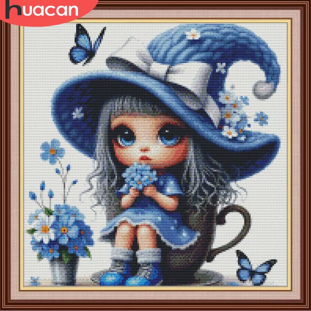 HUACAN Cross Stitch Kit Goblin Dwarf Embroidery Girl Portrait Cartoon Hobby Craft Dmc Threads 11Ct Picture Printed Canvas