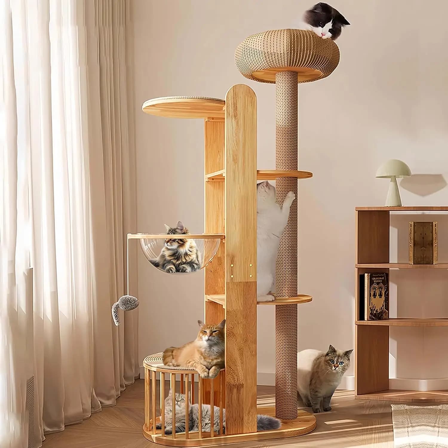 Torre Tiragraffi per Gatti in Legno con Pali in Sisal, Grande Torre da Arrampicata, Postazione Alta, Cuccia Grande per Gatti Adulti, Arredo Angolare da Interno