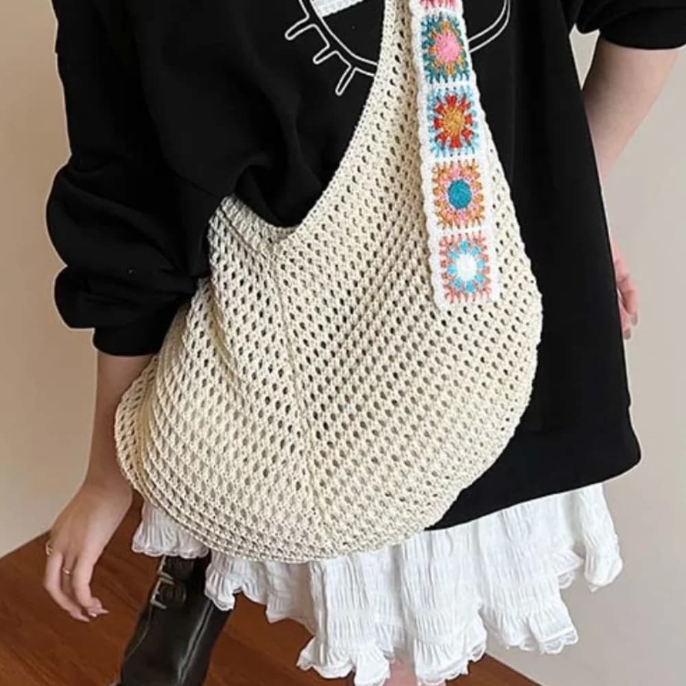 Solid Color Large Capacity Crochet Tote Bag Flower Lightweight Hollow Woven Bag Polyester Cotton Knitting Handbag Storage
