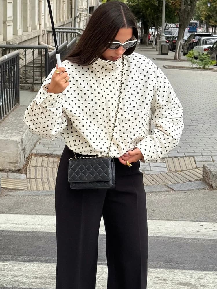 HH Fashion Women's Short Coats with polka dot print Autumn long sleeves Zipper with pockets Casual jacket with drawstring
