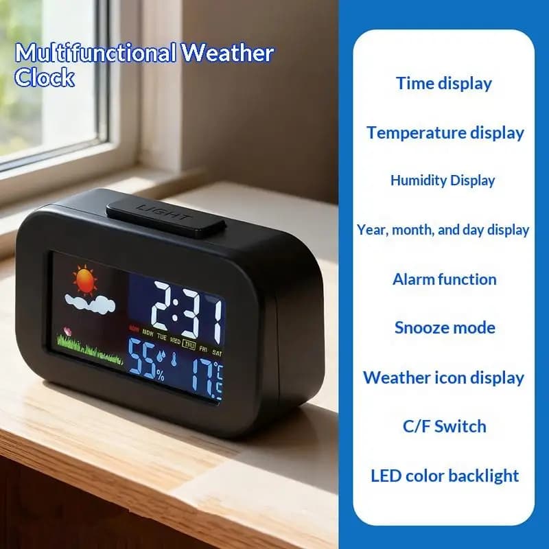 Nuova Stazione Meteo con Orologio e Display a Colori - Monitor di Temperatura e Umidità Retroilluminato per Bambini e Adolescenti, per Camera da Letto/Dormitorio