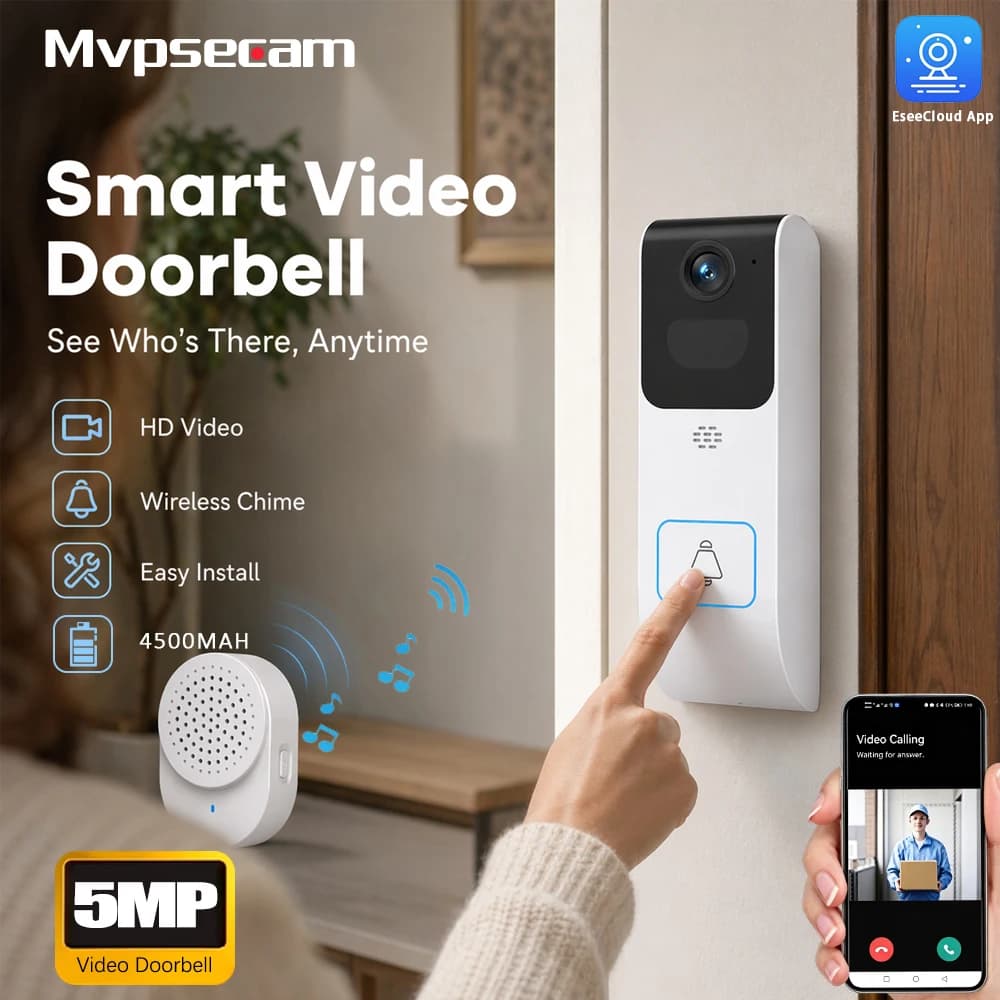Campanello Video WiFi Dual Band 5G&2.4G con Telecamera 5MP, EseeCloud, Impermeabile per Esterni, Rilevamento PIR, Supporto Bluetooth