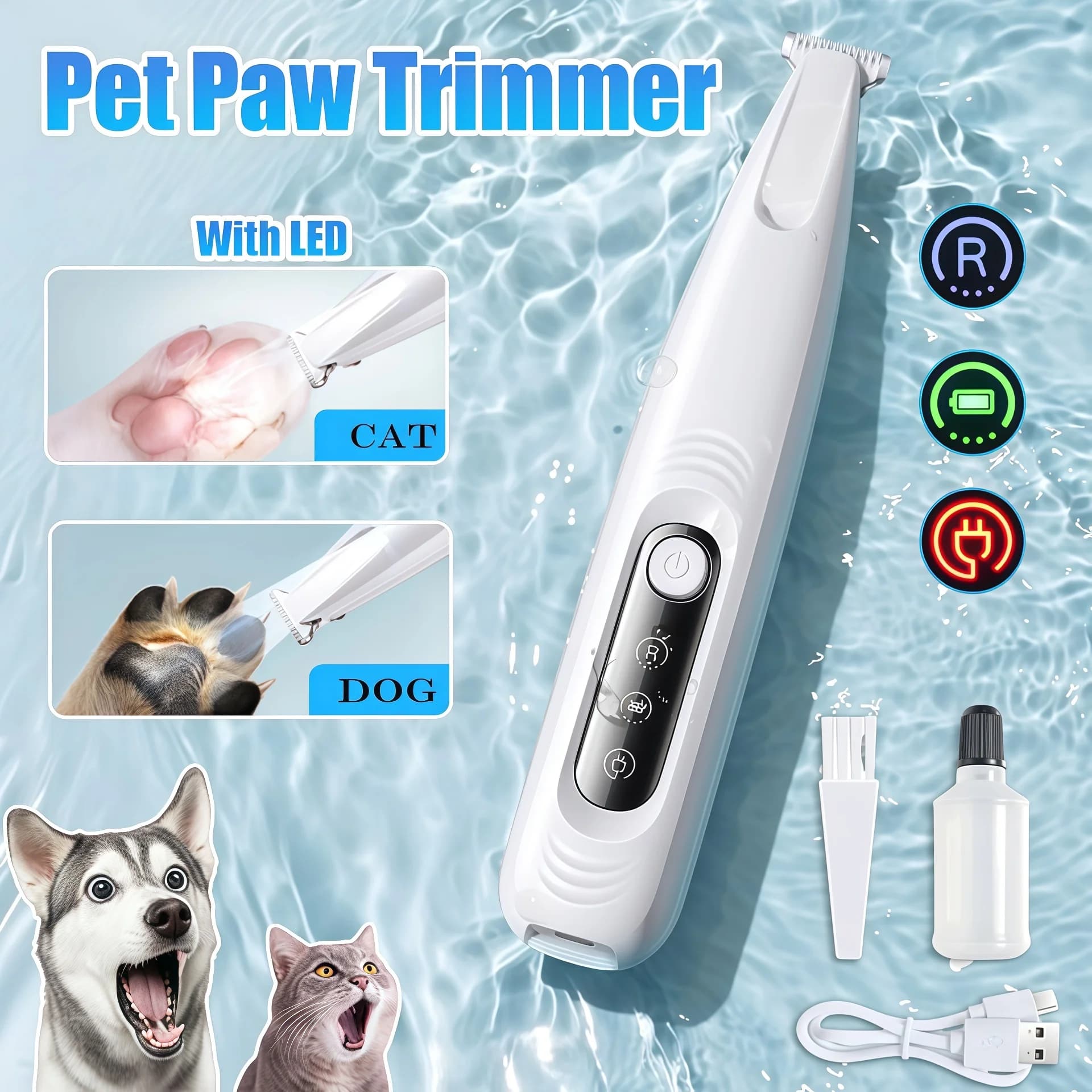 Tosatrice per Zampe di Cani con Luce LED, Impermeabile, Portatile, con Display, Lame Larghe 18mm per Toelettatura