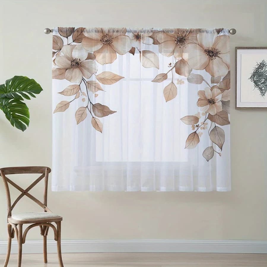 2PCS Digital Print Sheer Curtains, Brown Tone Flowers, Earthy Autumn Rustic Floral Style for Bedroom Living Room Home Decor