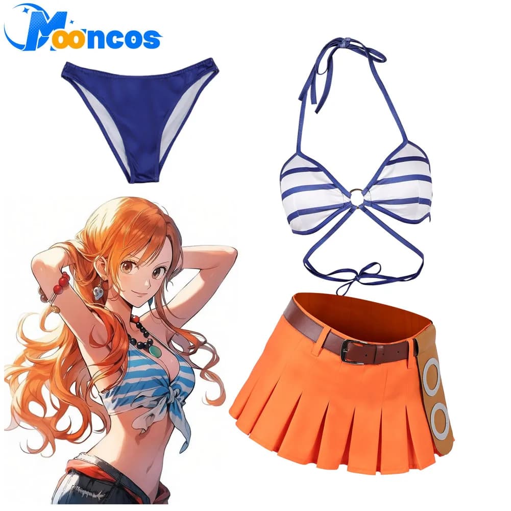 Swimwear Cosplay Nami for Women, Clothing Fantasia with Bra, skirt, shorts and belt for Halloween and Carnival