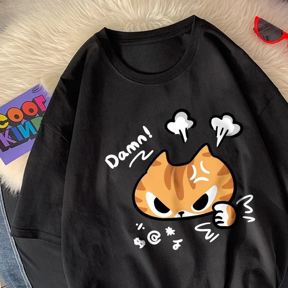 Il gatto arrabbiato stampato girocollo e top da donna 2025 nuova moda estate donna abbigliamento cartone animato donna t-shirt grafica