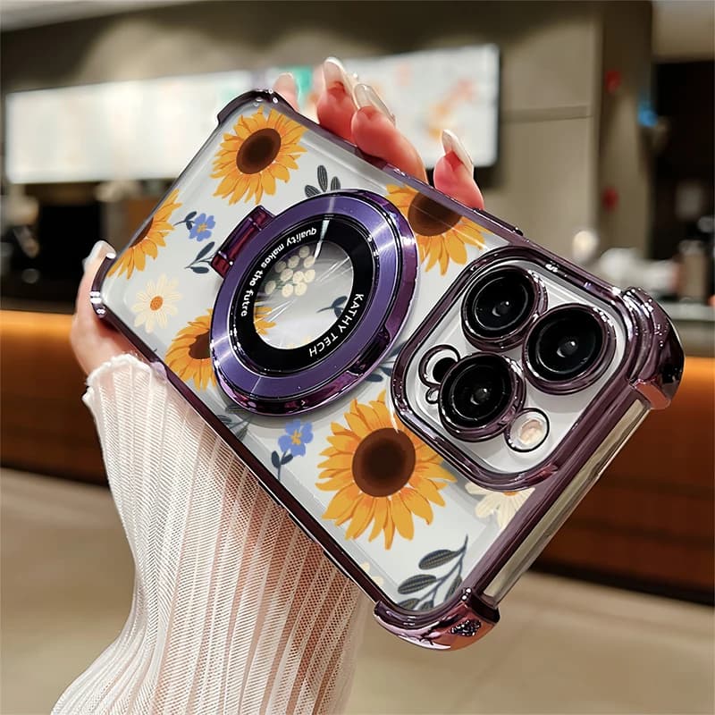 Custodia antiurto per iPhone 14 Plus 12 13 Pro Max 13 Mini 11 Pro SE 2020 con stampa girasole, morbida, placcata, con supporto integrato