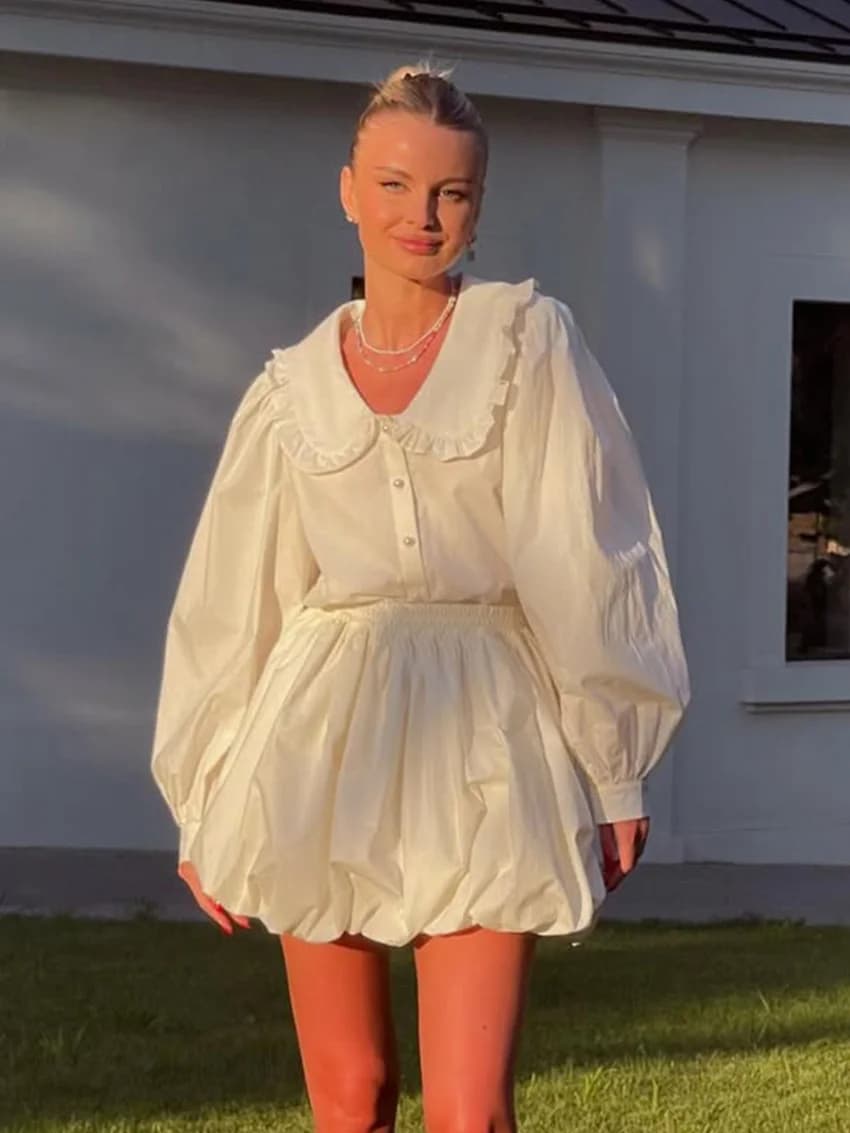 Marthaqiqi Set di indumenti da notte femminili casual Colletto rovesciato Pigiama Manica lunga Indumenti da notte Gonne Camicia da notte da donna in cotone Abito da 2 pezzi