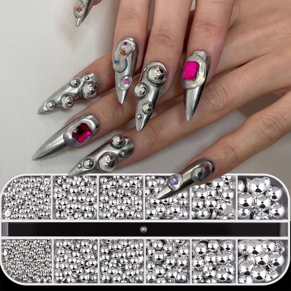 12 griglie argento misto mezzo tondo caviale perline strass per unghie 3D perle flatback perline per unghie ciondoli micro lega palla manicure decor