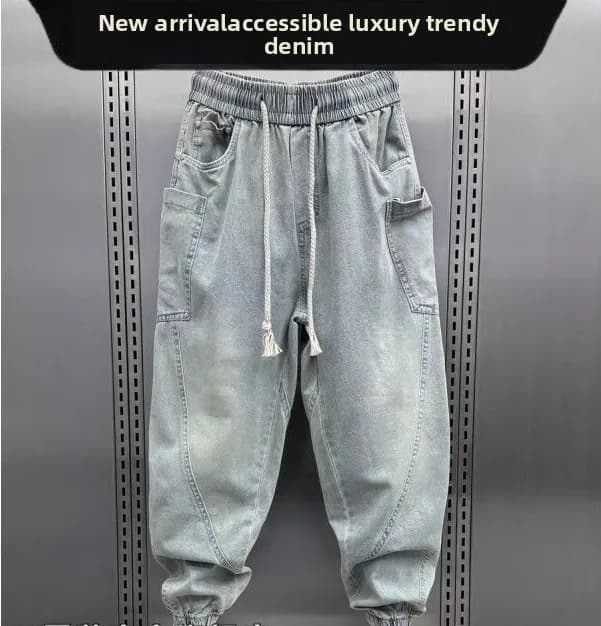 Jeans con Coulisse da Uomo 2024 Estivi Sottili Multitasche Larghi Pantaloni da Lavoro Vintage Lavati Giovanili Pantaloni Baggy Harlan Lavati da Uomo