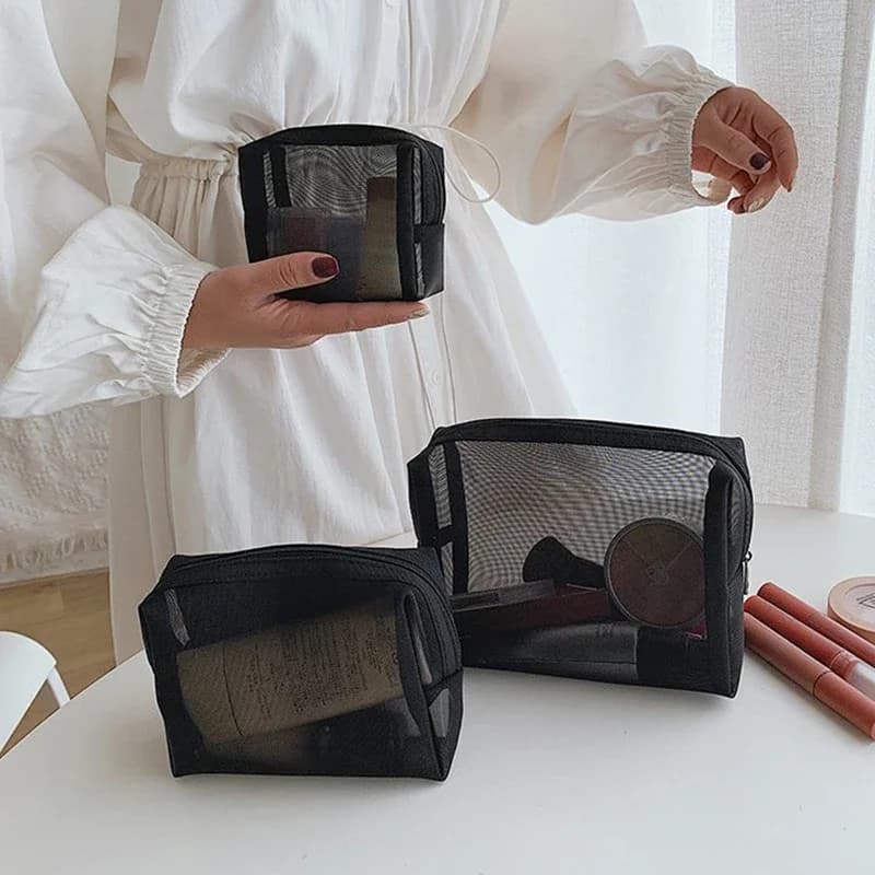 Nuove borse per cosmetici trasparenti in rete Borsa per trucco piccola grande nera trasparente Borsa da viaggio portatile per articoli da toeletta Custodia per rossetto