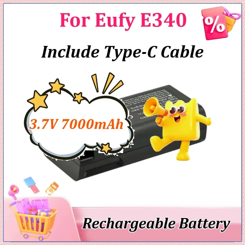 Batteria Ricaricabile 3.7V 7000mAh 29.5Wh E340 per Campanello Video Eufy con Ricarica USB-C (Cavo Type-C Incluso)