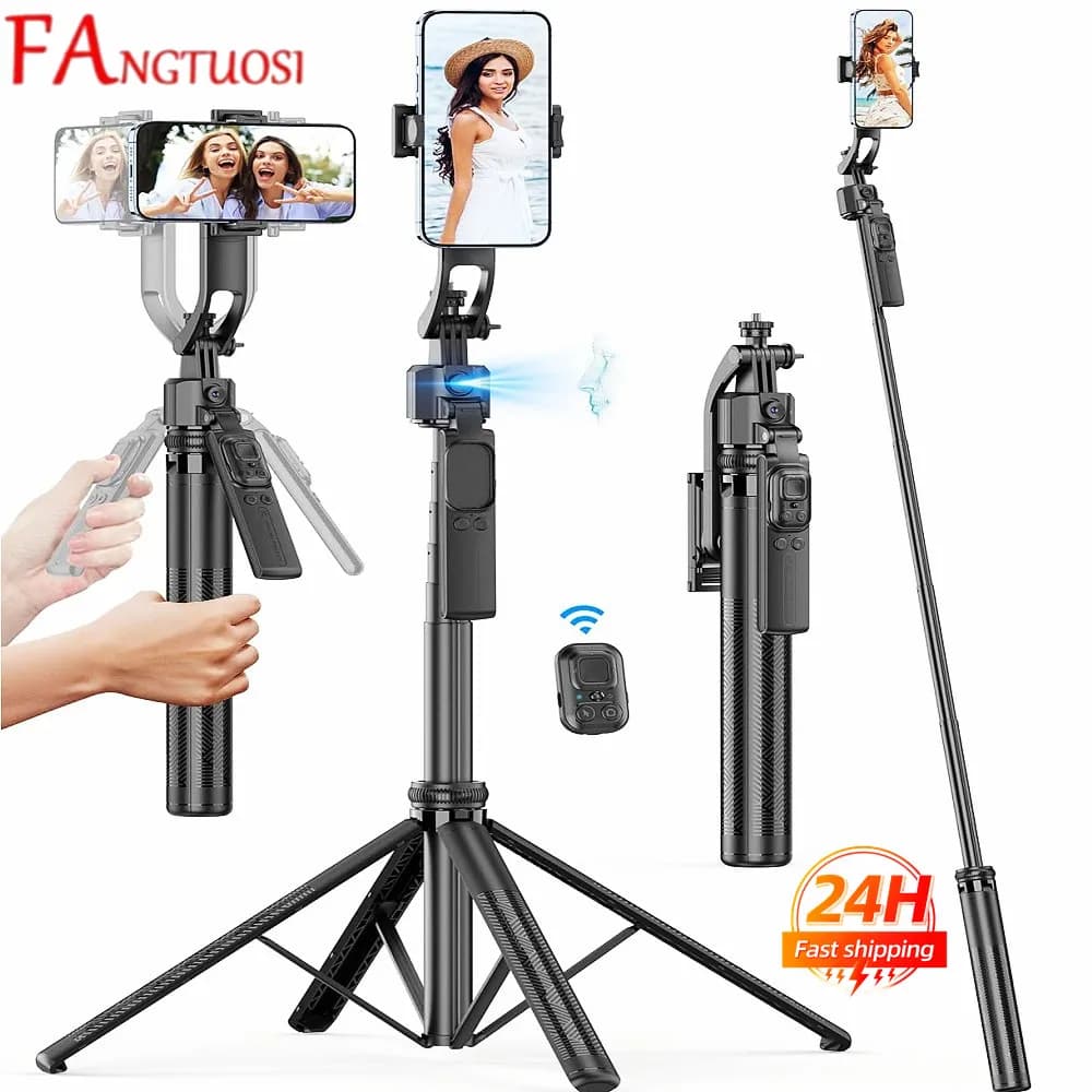 Nuovo stabilizzatore gimbal aggiornato con selfie stick per smartphone, telecomando Bluetooth, funzione di inseguimento intelligente AI, anti-vibrazione, treppiede con funzione pan/tilt.
