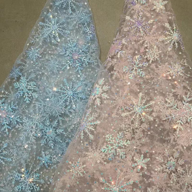 Sale Light Blue /Pink Mesh Sequins Embroidery Lace Fabric Snowflake Beads Slice Dress Fabric Sequin Dress Material X810