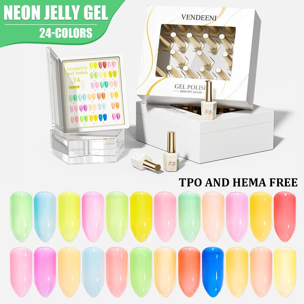 Vendeeni 24 Colors/Set Neon Jelly Gel Nail Polish TPO HEMA FREE Fluorescent Transparent UV LED Soak Off Gel Varnish With Display