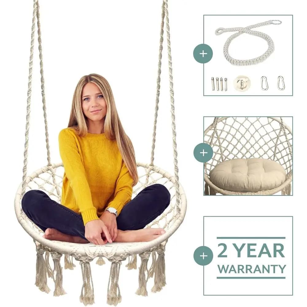 Cotton Hammock Chair with Cushion - Swing for Indoor and Outdoor Relaxation (Cream)