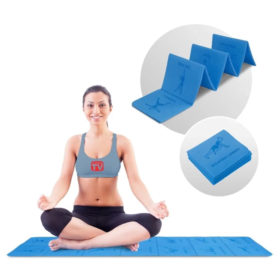Foldable Yoga Mat - Illustrated 14 Embossed Poses Square Folding Travel Firness and Exercise Mat as seen on TV Perfect Storage