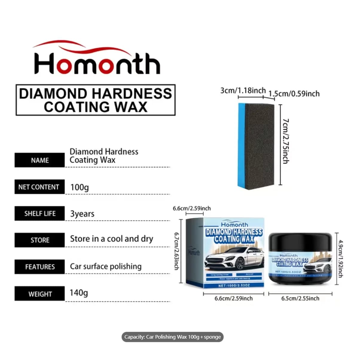 Cera per lucidatura auto Homonth Diamond Hardness Coating Wax, 100g - con spugna, rimuove ossidazione e graffi, idrorepellente e ad alta resistenza